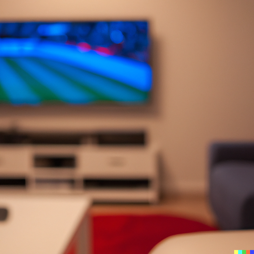 DALL·E 2023-04-09 21.44.21 - a wide image of a living room with a far big tv that blurred and running a football game with some relaxed colors